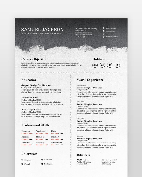 Black and White Resume Template by resumedesigns.in