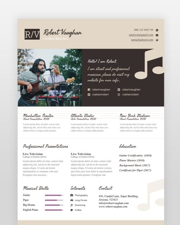 Musician Resume Template - resumedesigns.in