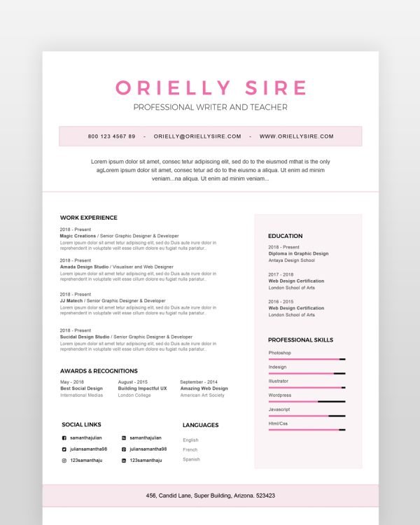 Girly Web Designer Resume Template - resumedesigns.in